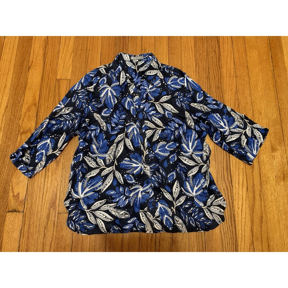 Galeria 100% Flax Button Up Leaf Printed Blouse Size XL/44